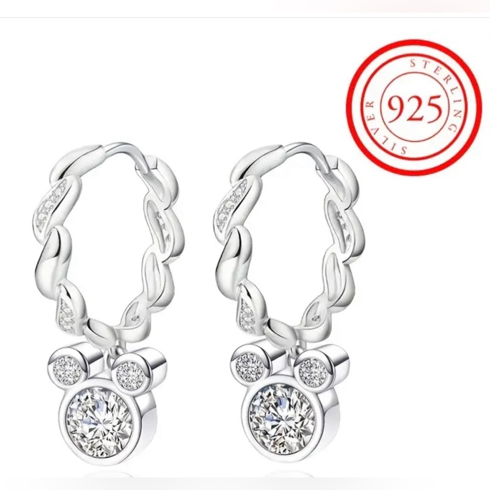 🐭 Sterling Silver Mickey Mouse CZ Dangle Hoop Earrings
